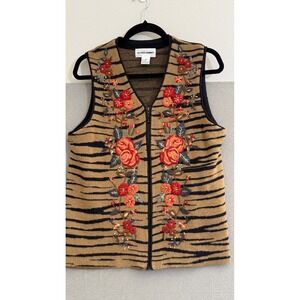 Vtg Alfred Dunner Tiger Stripe Floral Embroidered Zip Front Vest Women's Size S
